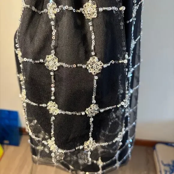 Adrianna Papell Beaded Mesh Top Black Sequin Puff Sleeve Sheer Blouse NWT Sz L - Picture 6 of 10